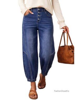 Harem Jeans for Women Baggy Wide Leg Denim Pants with Pockets